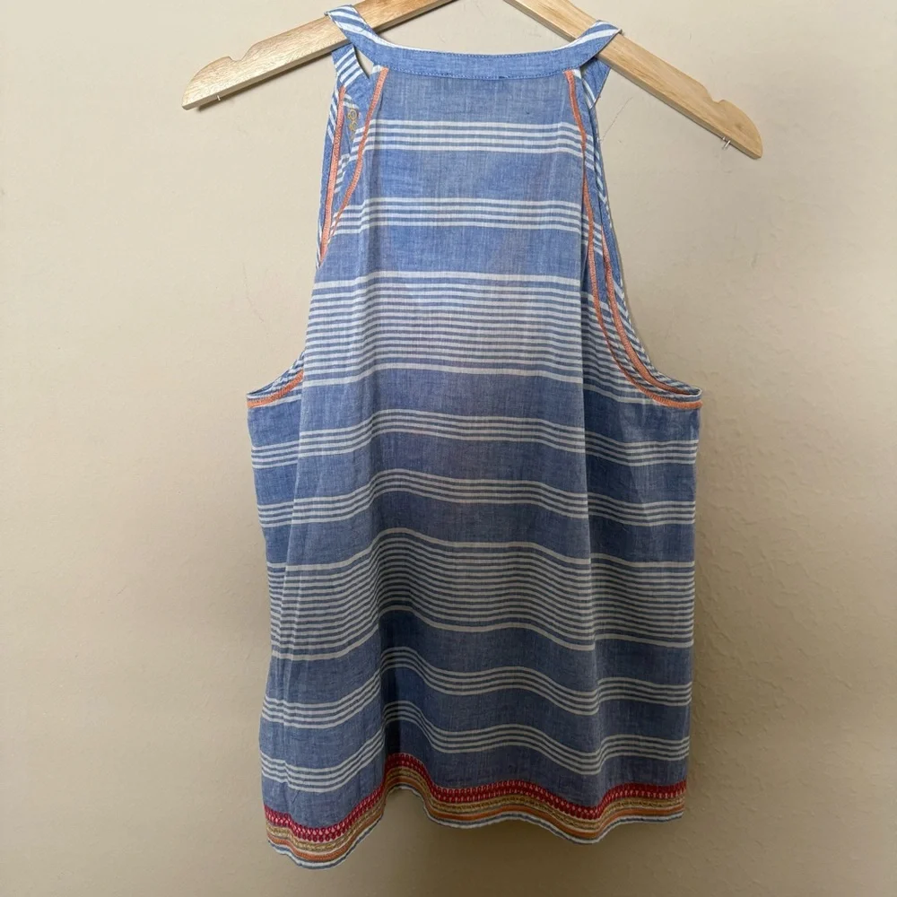 TMHL Anthropologie Blue & White Sleeveless Tank With Orange & Red Embroidery L - Picture 2 of 7